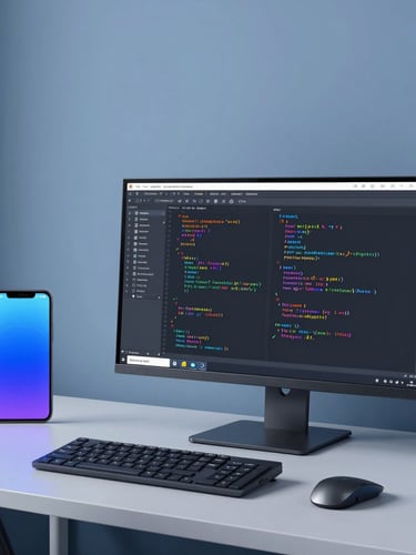 Minimalist modern development studio in Kyiv, cool blue studio lighting, developer analyzing clean code on a clean monitor, sharp focus, macro lens.