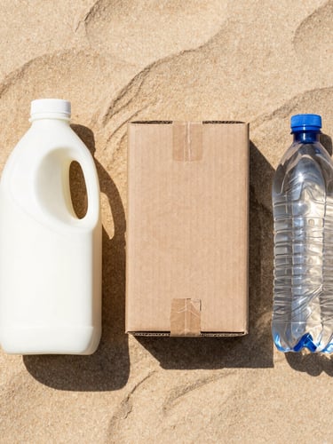 Top-down flatlay of clean household recyclables on a warm sand background, showing a milk jug, a clean cardboard box, and a plastic bottle, crisp daylight.