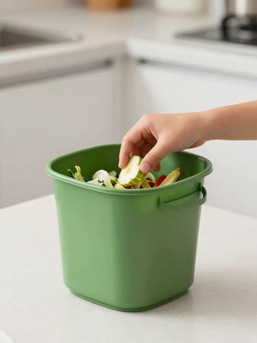 A bright, natural daylight shot of a child placing vegetable scraps into a small green kitchen compost bin on a clean kitchen counter.