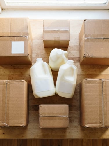 A bright flatlay of clean plastic milk jugs and cardboard boxes on a light surface, crisp morning sunlight, realistic colors