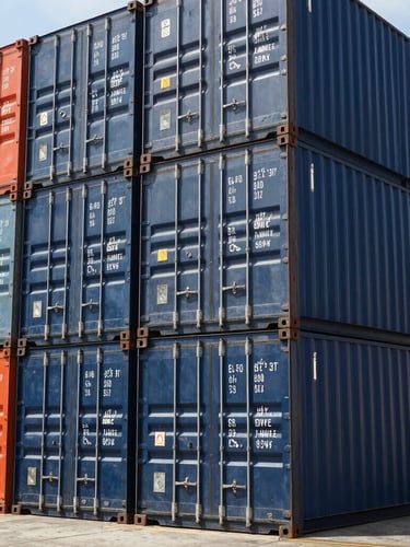 Low-angle architectural shot of stacked dark blue and orange shipping containers in a clean port depot under bright daylight, sharp focus