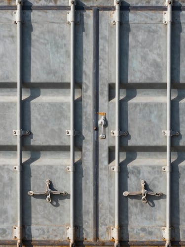 Straight-on architectural detail of a heavy Corten steel container door with locking bars and corner castings, high-contrast afternoon sun, cool steel tones, sharp focus.