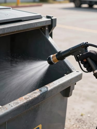 Close-up framing from the right side, high-pressure cleaning nozzle aimed into a commercial dumpster interior, cleaning spray visible mid-arc, bright afternoon outdoor light, concrete dock setting, no people visible, equipment detail sharp