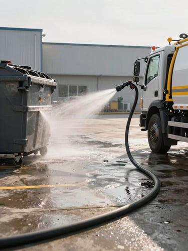 Wide environmental shot from the right edge, a specialized bin-cleaning truck with high-pressure hose actively spraying into a large commercial dumpster in a facility yard, morning daylight, safety-yellow equipment detail visible, operator mid-motion, concrete pad wet from cleaning, no faces