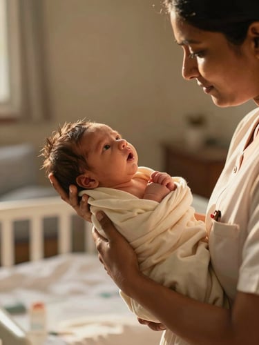 Close documentary frame, warm golden morning light, an Indian female nurse's hands cradling a newborn infant in a home nursery, soft ivory swaddle cloth, blurred warm-toned room in background, no harsh studio light — entirely naturalistic and intimate, hands and infant are the sole subject