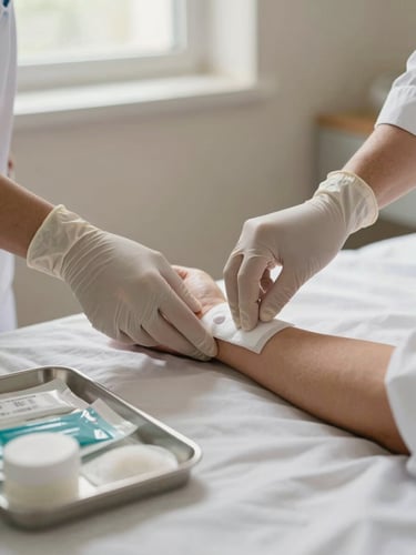 Close documentary frame — a nurse's hands in sterile gloves applying a specialist wound dressing to a patient's forearm against white bed linen, warm diffused side-light from a nearby window, clinical dressing materials arranged neatly on a tray at the edge of frame, shallow depth of field on the hands