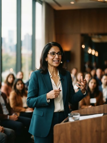 A physician speaking confidently at a warm-toned medical leadership symposium, natural window light, medium shot, shallow depth of field, 35mm style