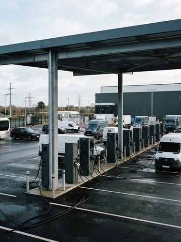 Wide architectural shot of a large-scale commercial EV charging hub under cool overcast daylight, heavy-duty cabling visible, deep slate grays and stark whites, 35mm.