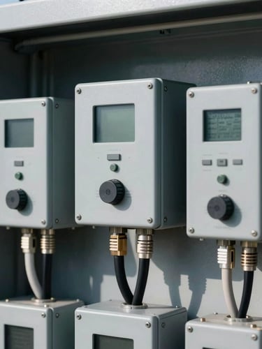Tight macro portrait shot of industrial interfaces and heavy-duty cabling on a commercial battery storage unit, crisp high-contrast lighting, deep shadows, 35mm.