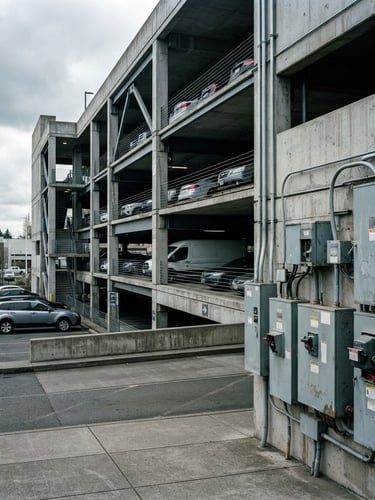 Wide architectural shot of a commercial parking structure under cool overcast daylight, heavy-duty electrical panels visible in the foreground, crisp high-contrast shadows, 35mm.