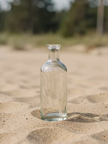 A minimalist elegant glass bottle casting soft shadows on a warm textured sand backdrop, Nordic forest elements softly blurred in the background, 35mm