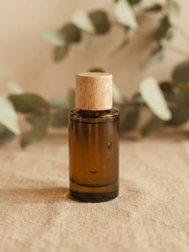Minimalist warm editorial photograph of a premium glass bottle casting soft shadows on an earthy beige background with botanical details, soft diffused Nordic daylight
