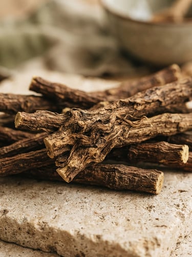 Close-up macro shot of raw licorice root textures on a textured sand-beige stone surface, soft diffused Nordic daylight, shallow depth of field
