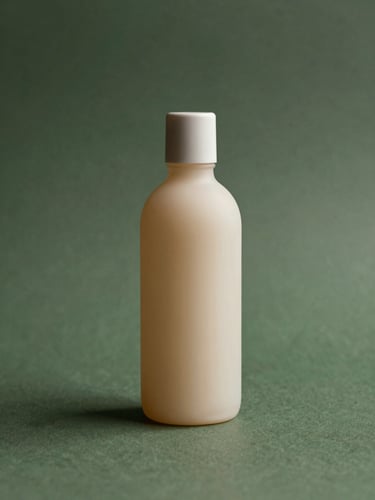 Minimalist elegant glass bottle mockup casting soft shadows against a textured deep green background, shallow depth of field, warm editorial photography