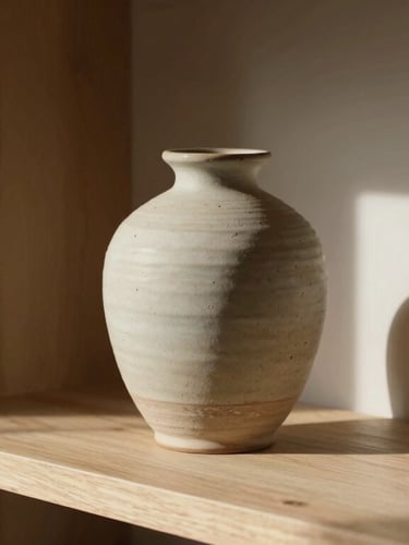 A quiet corner with a single handmade ceramic vase on a light oak shelf, soft morning light casting gentle shadows.