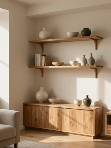 A beautifully styled small apartment living room nook, featuring warm cream walls, integrated wooden shelving with curated ceramics, and soft morning sunlight casting gentle shadows.