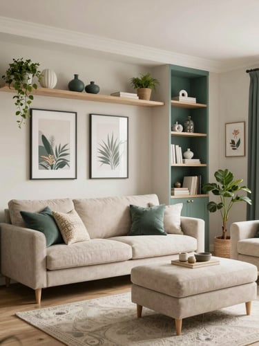 A bright, sunlit studio apartment corner with a multi-functional oak desk, a textured cream lounge chair, and a tall leafy plant in soft morning light
