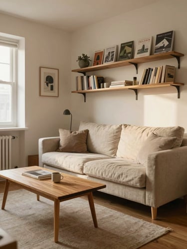 Soft morning light illuminating a compact apartment living room, a low-profile linen sofa paired with a slender oak coffee table, warm cream walls, highly organized shelving in the background, architectural digest style.