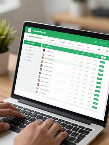 Close-up of a laptop screen showing a clean green-accented customer service dashboard with live metrics and ticket queues, hands resting on keyboard, bright studio lighting, organized workspace in background