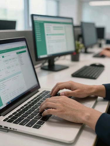 Close-up of hands typing on a laptop keyboard in a well-lit corporate office, multiple monitor screens visible in background showing organized dashboard interfaces and data panels in green and white tones, clean desk surface, natural daylight from large windows