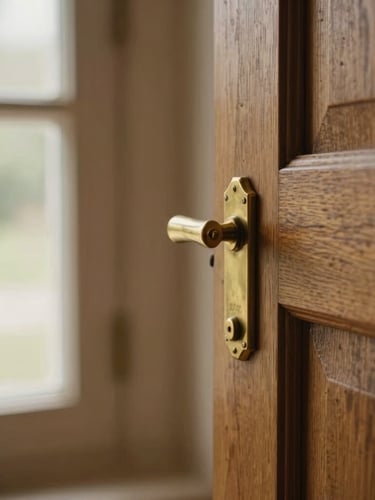 Close-up of authentic architectural details, worn brass door handle and solid wood grain of an old craftsman home, warm natural light, shallow depth of field
