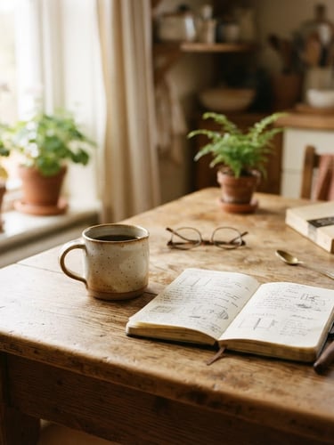 A quiet, un-staged photo of a sunlit wooden kitchen table with a ceramic mug and open documents, warm natural window light, soft shadow, authentic 35mm feel.