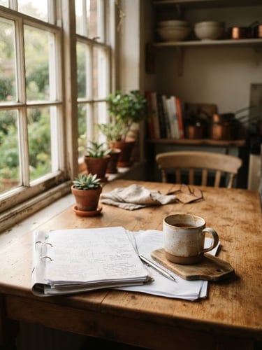Warm editorial photography of natural window light illuminating an authentic, lived-in kitchen table with a ceramic mug and open documents, shallow depth of field, 35mm feel