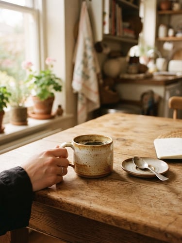 Warm natural window light illuminating a wooden kitchen table with a ceramic coffee mug, soft focus background showing lived-in home interior, authentic 35mm feel