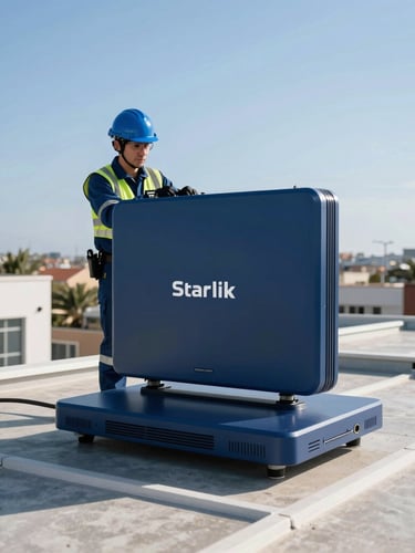 Professional network engineer in safety gear installing a Starlink enterprise receiver on an office roof in Maputo, bright natural daylight, crisp details, deep blue tones.
