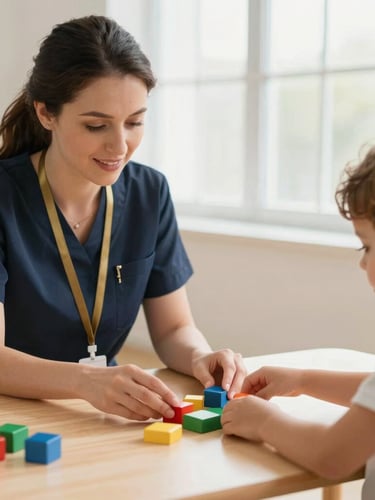Warm editorial photography of a female speech therapist gently interacting with a young child, playing with colorful educational blocks on a light wood table, soft natural window light, shallow depth of field, 35mm.