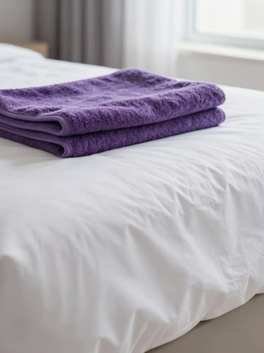 A close-up detail shot of a freshly styled bedroom, crisp white linens with sharp hospital corners, a folded purple towel resting on the bed, bright natural daylight streaming through a window, 35mm.