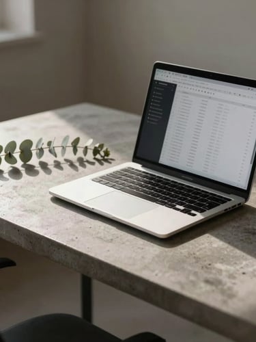 Soft natural daylight reflecting off a minimalist concrete desk, a sleek laptop showing clean spreadsheets, eucalyptus leaves casting subtle shadows, 35mm architectural style