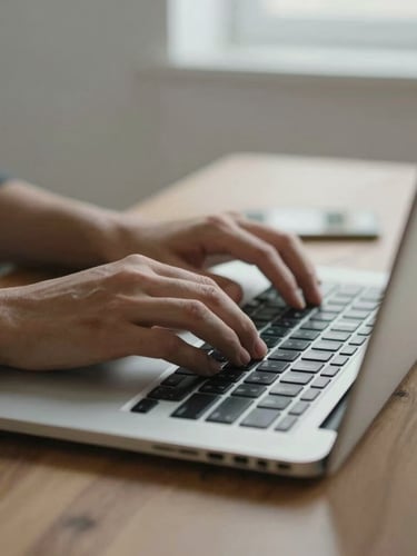 Close-up of hands typing on a sleek laptop on an organized wooden desk, soft natural daylight, minimalist aesthetic