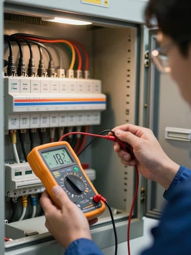 A technician using a digital multimeter and thermal imaging screen to inspect a clean residential electrical panel under bright work lights.