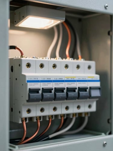 Macro shot of a clean, modern electrical breaker panel with perfectly routed copper wiring, clean labeling, bright high-visibility work light, industrial precision.