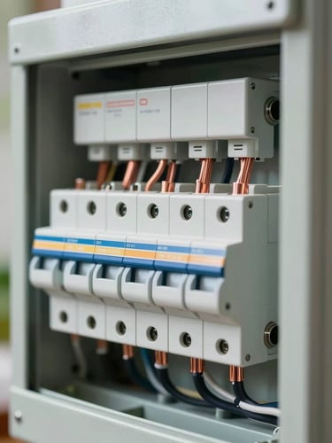 A close-up of a modern residential breaker panel with perfectly routed, neat copper wiring, illuminated by crisp natural daylight.