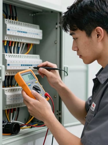 A professional technician in a clean, branded uniform using a digital multimeter to test a modern, perfectly routed electrical panel, bright natural daylight.