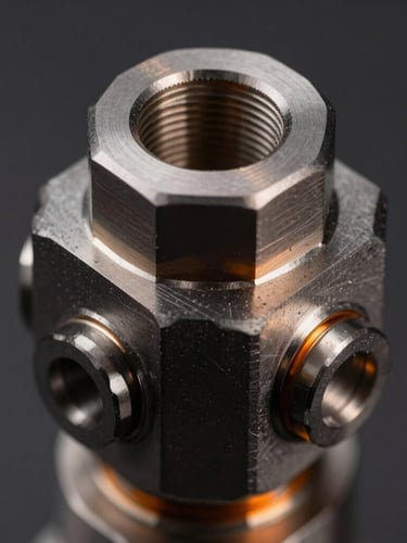 Macro close-up of a high-precision CNC machined aluminum mechanical joint, clean wireframe overlays, dark studio lighting with orange highlights