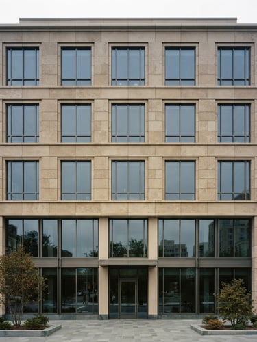 Architectural elevation of a modern limestone commercial facade, crisp overcast daylight, sharp linear perspective, medium format