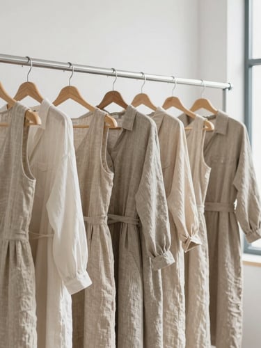 A clean, bright garment workshop. Minimalist racks with finished neutral-toned women's linen dresses hanging in perfect alignment. Soft natural light coming from a large window on the right.