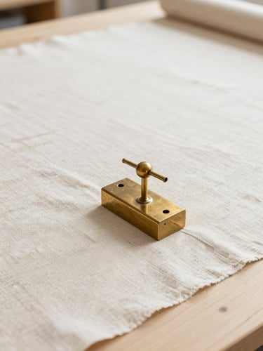 Clean editorial photography, bright natural workshop light, neutral sand and ivory tones. Focus on a pristine pattern-cutting table with a heavy brass pattern weight resting on structured linen fabric.