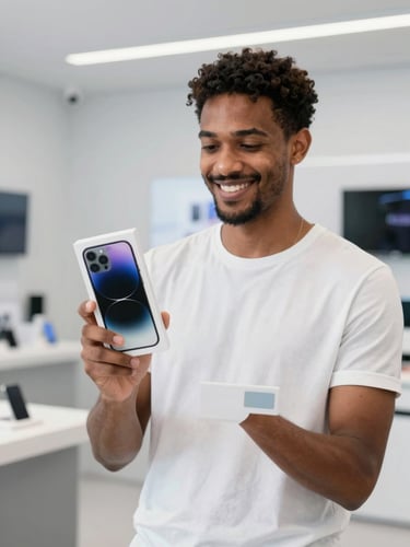 A happy customer holding a newly unboxed smartphone inside a brightly lit modern tech store in São Tomé, smiling, warm daylight, high-key product photography style