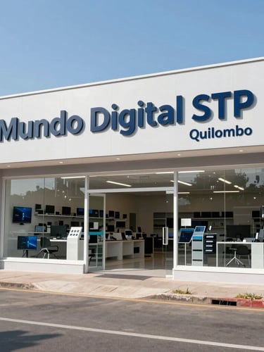 Wide-angle outdoor photography of Mundo Digital STP physical storefront in Quilombo, bright daylight, clear signage, welcoming entrance