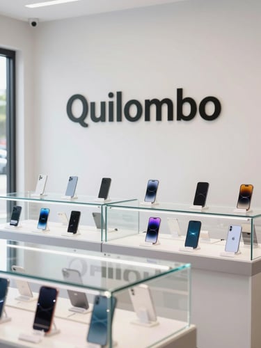 Bright high-key interior photography of a modern tech store in Quilombo, warm natural light, clean glass display cases with smartphones, professional welcoming atmosphere