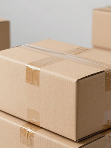 Close-up of neatly taped brown cardboard shipping boxes arriving at a modern store, soft natural light, professional tech editorial style
