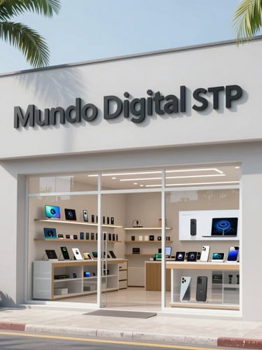 Bright daylight photograph of the Mundo Digital STP physical storefront in Quilombo, professional tech retail entrance, clean light-grey walls, tropical light