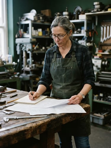 Medium shot of a focused independent workshop owner reviewing documents on a timber workbench, natural cool daylight, crisp deep green tones, 35mm