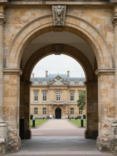 Medium-close architectural portrait of a historic European university stone archway, soft overcast daylight, shallow depth of field, clean composition.