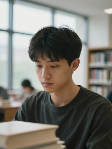 Close-up of a focused student in a modern European library setting, natural overcast daylight filtering through large windows, soft background depth of field.