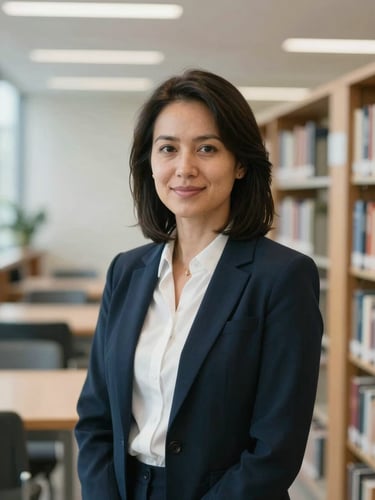 Clean environmental portrait of a female academic advisor in a softly lit, modern university library setting, shallow depth of field, natural overcast light